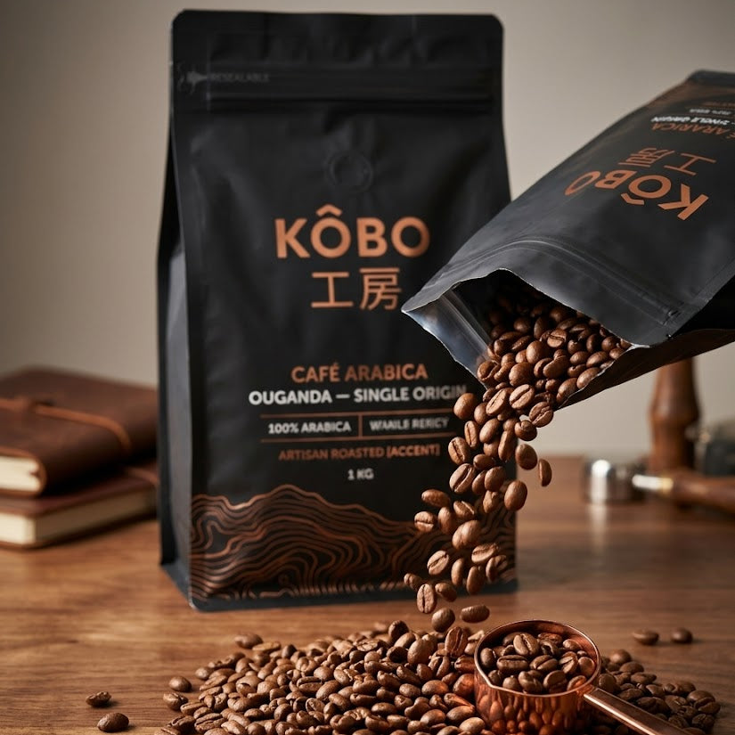 Détail de l'étiquette Café Arabica, torréfaction moyenne, notes fruitées et agrumes