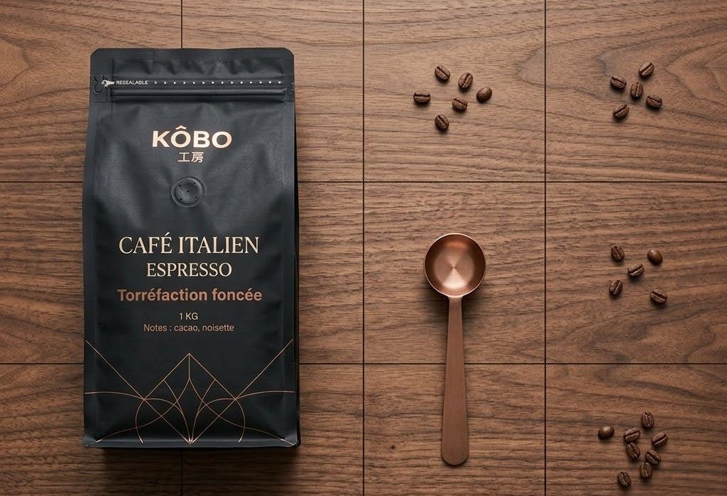 Détail de l'étiquette Café Italien Espresso, notes cacao et noisette